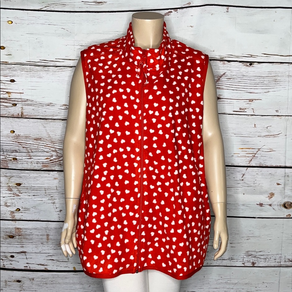Woman Within Size 34/36 4X Red - White Heart Print Zip Front Fleece Vest Jacket